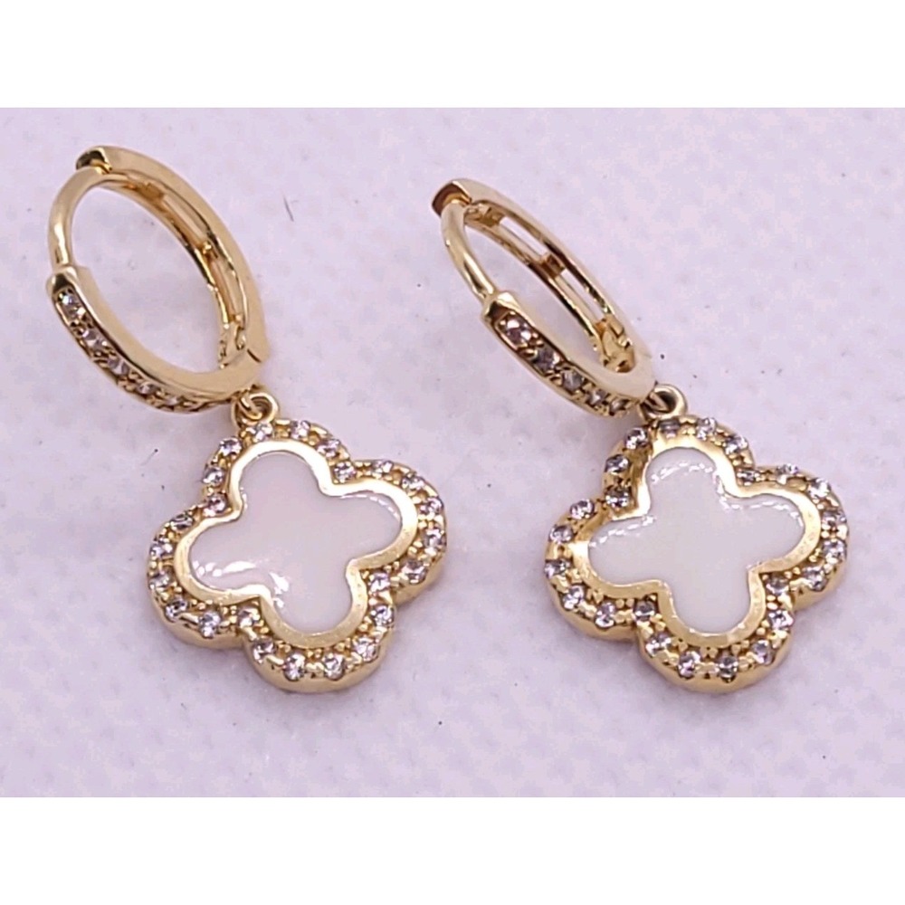 925 Sterling Silver Gold Vermeil Mother of Pearl CZ Clover Dangle Earrings